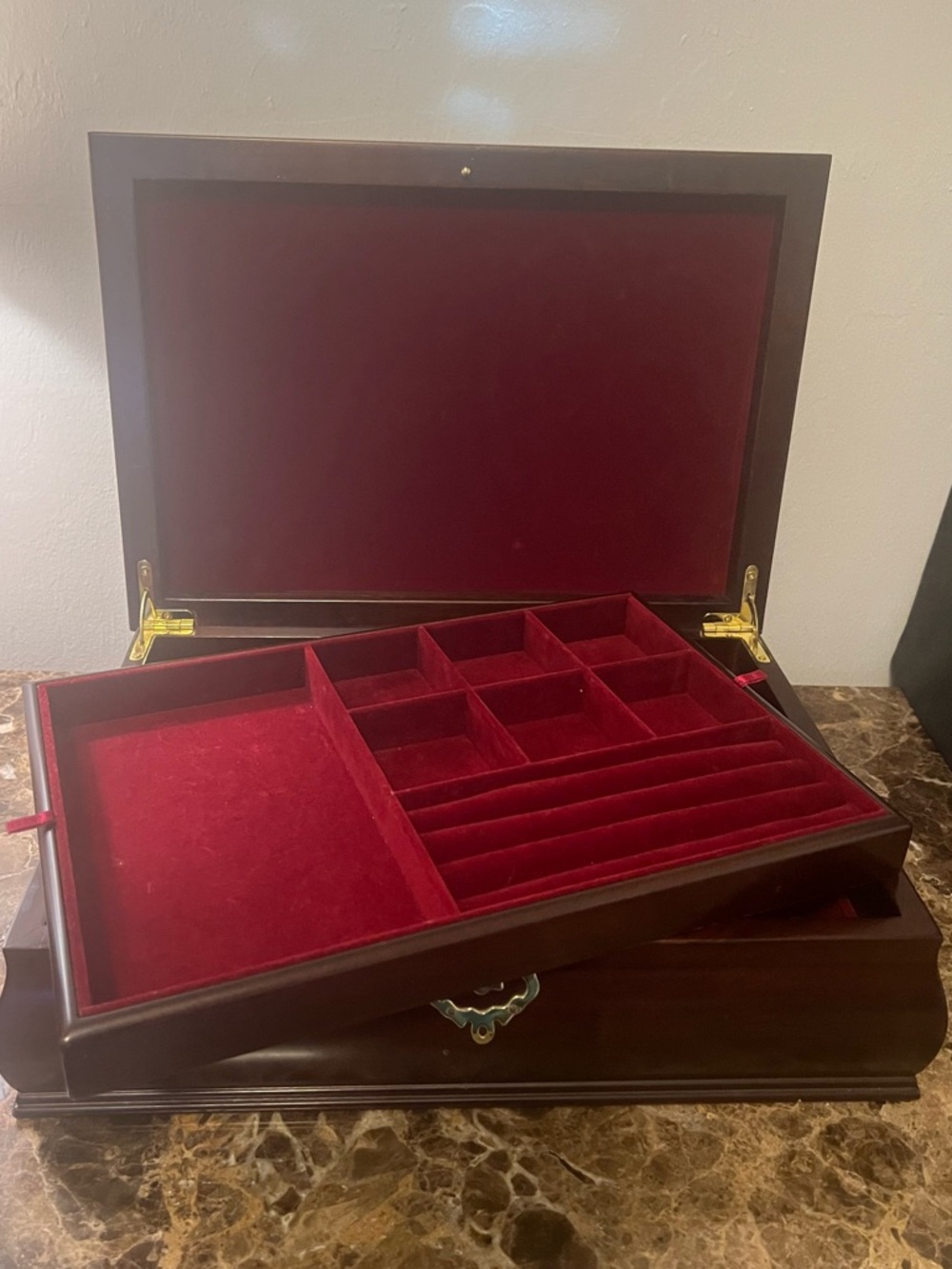 Wooden Jewelry Box Organizer w/ Red Velvet Lining – Lift-Out Tray & Ring Slots - Picture 3 of 16